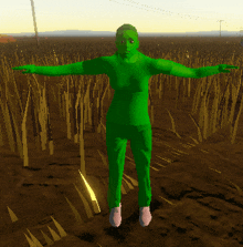 a green cartoon character stands in a field of tall grass