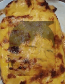 a close up of a piece of food on a plate with a silhouette of a person behind it .