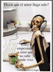 a skeleton is wearing headphones and smoking a cigarette while sitting at a desk with a computer .