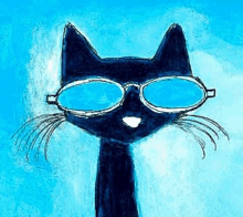 a painting of a black cat wearing blue sunglasses .