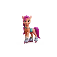 a pony with pink hair is rollerblading