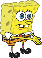 a cartoon drawing of spongebob wearing a white shirt and black pants