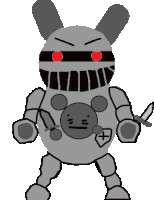 a cartoon drawing of a robot with red eyes and a sword