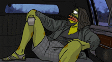 a cartoon of a frog sitting in the back of a car holding a cup