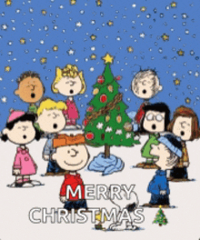 a group of peanuts characters singing merry christmas near a christmas tree