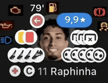 a man 's face is surrounded by various icons including one that says 9.9