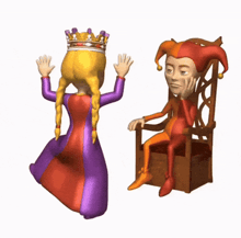 a cartoon of a princess and a jester sitting on a chair