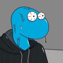 a blue cartoon character wearing a black hoodie looks surprised