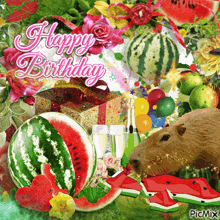 a picture of a capybara eating watermelon with the words happy birthday on it