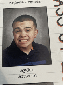 a picture of a young man with the name ayden attwood on the bottom