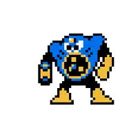 a pixel art drawing of a blue and yellow character