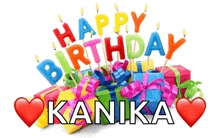 a birthday card for kanika with colorful candles and gifts