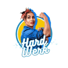 a woman is flexing her arm in a logo for hard work