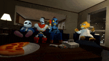 a group of cartoon characters are sitting on a couch with a pizza on the table