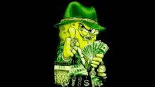 spongebob squarepants is wearing a green hat and holding a bunch of money .