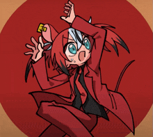 a cartoon drawing of a girl in a red suit with a tag that says rd on it