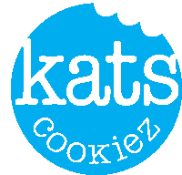 a blue circle with kats cookiez written in white letters