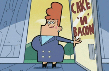 a cartoon character standing in front of a sign that says cake and bacon