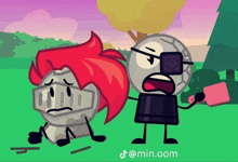 a cartoon of a knight and a ball with a red hair standing next to each other