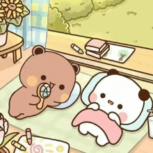 a cartoon of two teddy bears laying on a rug in a room .