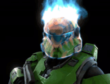 a video game character with a helmet that looks like it 's on fire