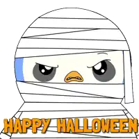 a drawing of a penguin wrapped in bandages with the words happy halloween below it