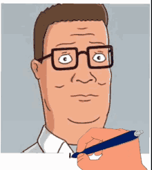 a cartoon man with glasses is being signed by a hand