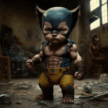 a baby in a wolverine costume is standing in a room