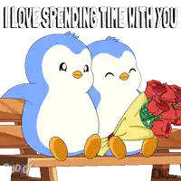 a couple of penguins sitting on a bench with the words " i love spending time with you " below them