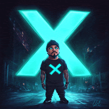 a man in a black shirt with an x on it is standing in front of a neon x