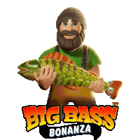 a big bass bonanza logo with a cartoon man holding a large fish