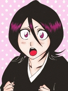 a close up of a bleach character with purple hair and a surprised look on her face .