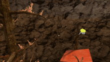 a computer generated image of a rocky area with a yellow object in the foreground