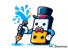 a cartoon drawing of a domino wearing a top hat and holding a fountain pen