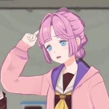 a cartoon girl with pink hair and blue eyes is scratching her head