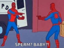 a cartoon of spider-man pointing at another spider-man with the words sperm ? baby ?