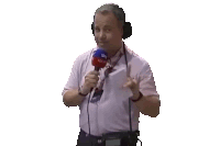 a man is wearing headphones and holding a microphone that says sky on it .