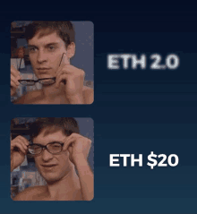 a picture of a shirtless man putting on glasses next to the words eth 2.0 eth $ 20