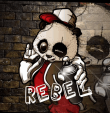 a cartoon of a panda holding a spray can with the word rebel written on it