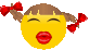 a yellow smiley face with pigtails and red bows on its hair .