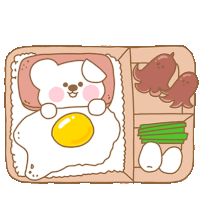 a cartoon illustration of a dog holding an egg in a bento box .