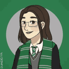 a drawing of a girl in a slytherin uniform and scarf .