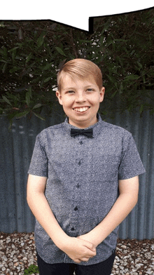 a young boy wearing a bow tie and a grey shirt