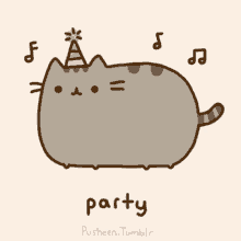 a cartoon cat wearing a party hat and the word party