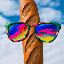 a loaf of bread with sunglasses on it against a blue sky