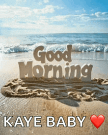 a picture of a beach with the words good morning kaye baby on it