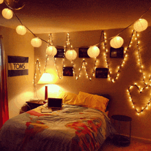 a bedroom with a toms banner on the wall