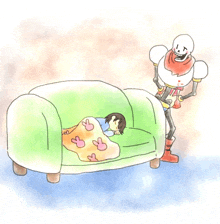 a cartoon drawing of papyrus standing next to a child sleeping on a green couch