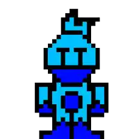 a pixel art drawing of a blue knight wearing a blue helmet and armor .