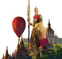 a man holding a spear and shield stands in front of a hot air balloon